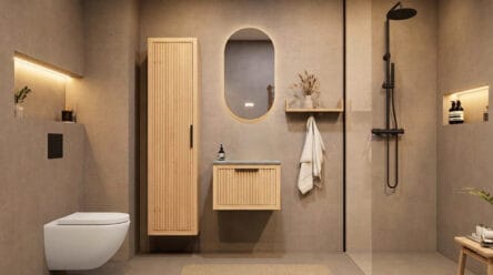 Hangend houten badkamermeubel 60 cm met één lade en grijs limestone blad met witte waskom