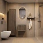 Hangend eiken badkamermeubel 60 cm met één lade en grijs limestone blad met keramische waskom