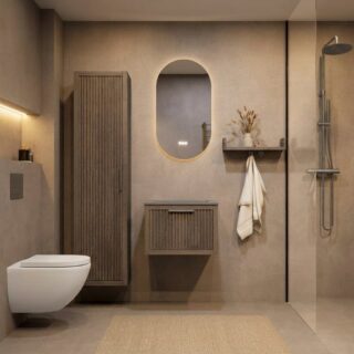 Hangend eiken badkamermeubel 60 cm met één lade en grijs limestone blad met keramische waskom