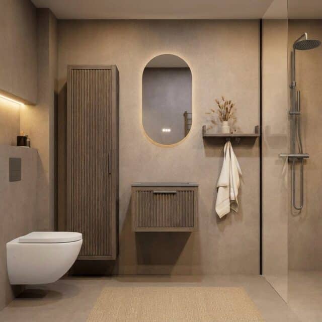 Hangend eiken badkamermeubel 60 cm met één lade en grijs limestone blad met keramische waskom