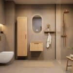 Modern hangend eiken badkamermeubel 60 cm met ribbelfront, één lade en limestone blad met keramische waskom