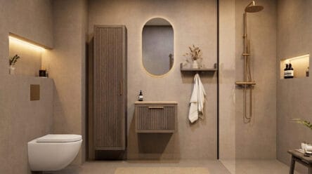 Hangend donker eiken badkamermeubel 60 cm met één lade en limestone blad met witte waskom