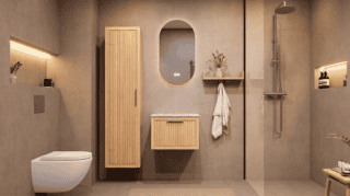Hangend modern naturel eiken badkamermeubel 60 cm met vlak front, één lade en marmer blad met waskom