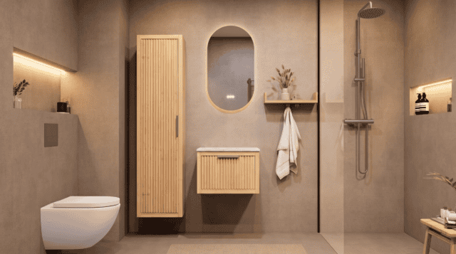 Hangend modern naturel eiken badkamermeubel 60 cm met vlak front, één lade en marmer blad met waskom