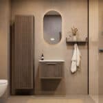 Hangend eiken wastafelmeubel 60 cm met ribbelfront, solid surface blad en ronde witte opbouwwaskom