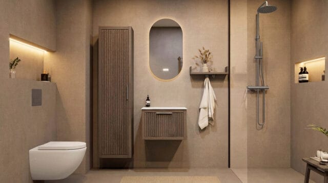 Hangend eiken wastafelmeubel 60 cm met ribbelfront, solid surface blad en ronde witte opbouwwaskom