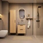 Hangend naturel eiken badkamermeubel 60 cm met ribbelfront, twee lades en grijs limestone blad met witte waskom