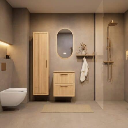 Modern naturel eiken badkamermeubel 60 cm met twee lades en limestone blad met witte waskom