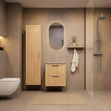 Hangend naturel eiken badkamermeubel 60 cm met twee lades en wit marmer blad met witte waskom