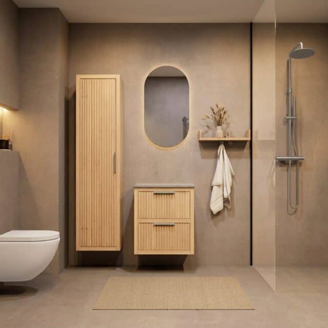 Hangend naturel eiken badkamermeubel 60 cm met twee lades en wit marmer blad met witte waskom
