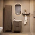 Hangend donker eiken badkamermeubel 60 cm met ribbelfront, twee lades en solid surface blad met witte waskom
