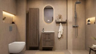 Hangend donker eiken badkamermeubel 60 cm met ribbelfront, twee lades en solid surface blad met witte waskom