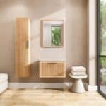 Hangend houten badkamermeubel 70 cm met één lade en grijs limestone blad met witte waskom