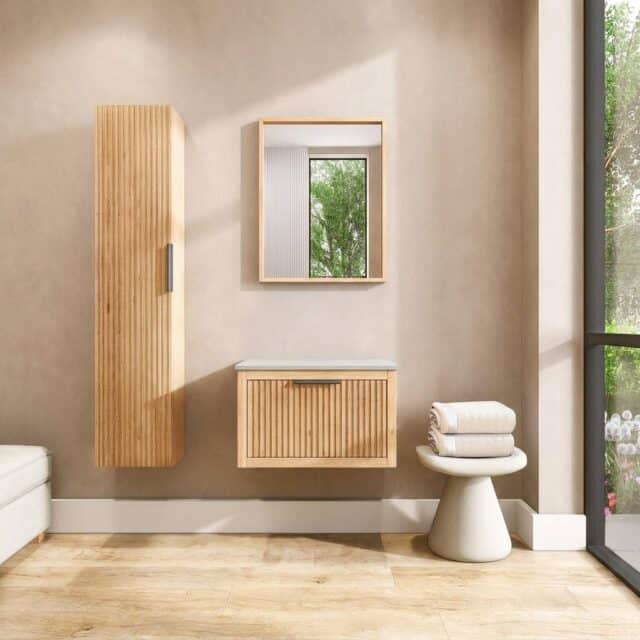 Hangend houten badkamermeubel 70 cm met één lade en grijs limestone blad met witte waskom