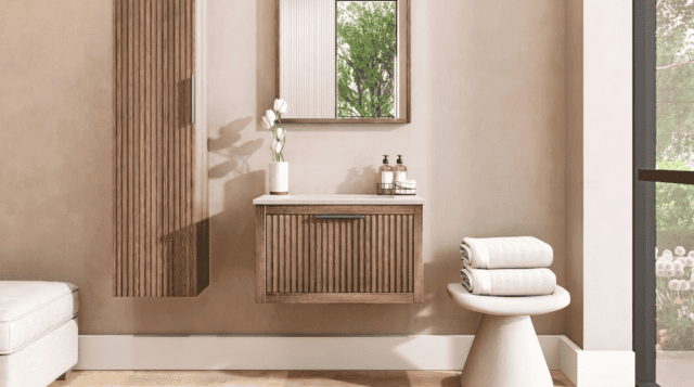 Hangend eiken badkamermeubel 70 cm met één lade en grijs limestone blad met keramische waskom