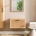 Hangend houten badkamermeubel 70 cm met één lade en naturel eiken blad met witte waskom