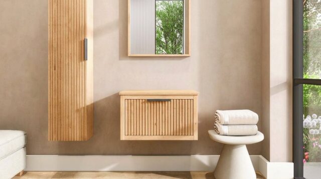 Hangend houten badkamermeubel 70 cm met één lade en naturel eiken blad met witte waskom