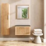Eiken wastafelmeubel 70 cm met ribbelfront, granieten blad en ronde keramische waskom, hangend