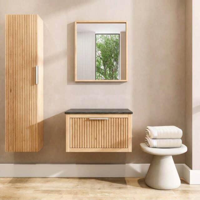 Eiken wastafelmeubel 70 cm met ribbelfront, granieten blad en ronde keramische waskom, hangend
