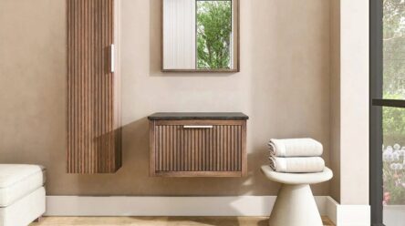 Modern hangend donker eiken badkamermeubel 70 cm met ribbelfront, één lade en granieten blad met witte waskom