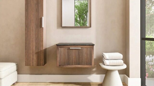 Modern hangend donker eiken badkamermeubel 70 cm met ribbelfront, één lade en granieten blad met witte waskom