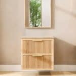 Modern naturel eiken badkamermeubel 70 cm met twee lades en limestone blad met witte waskom