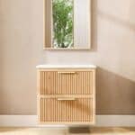 Hangend donker eiken badkamermeubel 70 cm met twee lades en wit marmer blad met witte waskom