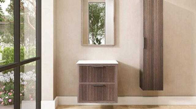 Hangend donker eiken badkamermeubel 70 cm met ribbelfront, twee lades en solid surface blad met witte waskom