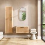 Eiken wastafelmeubel 80 cm met één lade en grijs limestone blad met ronde keramische waskom
