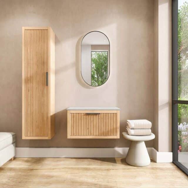 Eiken wastafelmeubel 80 cm met één lade en grijs limestone blad met ronde keramische waskom