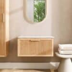 Hangend modern naturel eiken badkamermeubel 80 cm met vlak front, één lade en marmer blad met waskom