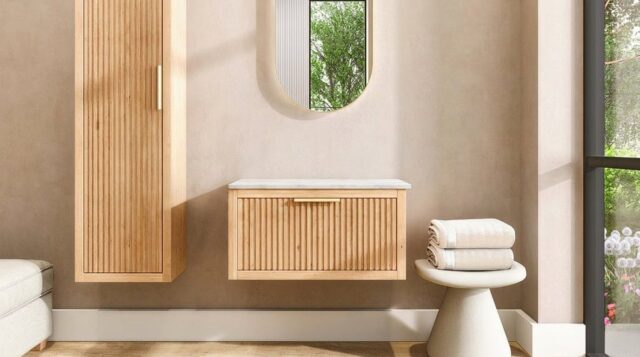 Hangend modern naturel eiken badkamermeubel 80 cm met vlak front, één lade en marmer blad met waskom