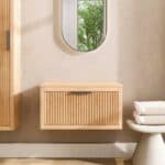 Hangend houten badkamermeubel 80 cm met één lade en naturel eiken blad met witte waskom