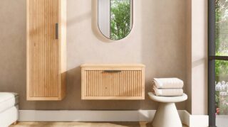 Hangend houten badkamermeubel 80 cm met één lade en naturel eiken blad met witte waskom