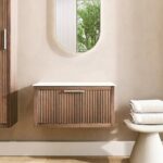 Modern badkamermeubel 80 cm donker eiken met ribbelfront, solid surface en ronde keramische waskom