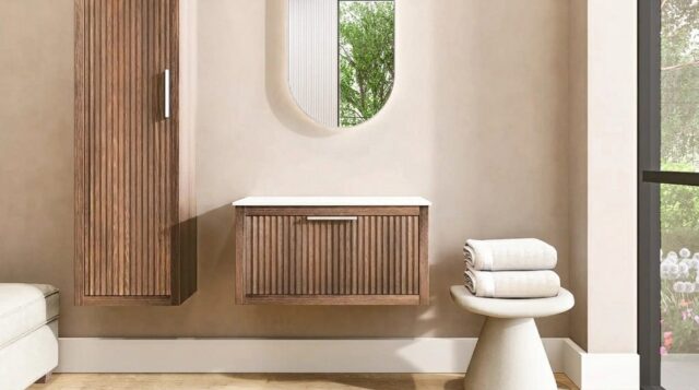 Modern badkamermeubel 80 cm donker eiken met ribbelfront, solid surface en ronde keramische waskom