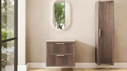 Modern donker eiken badkamermeubel 80 cm met twee lades en limestone blad met witte waskom