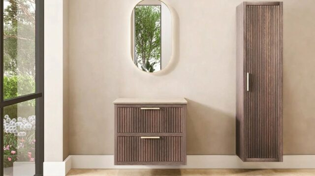 Modern donker eiken badkamermeubel 80 cm met twee lades en limestone blad met witte waskom