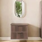 Hangend donker eiken badkamermeubel 80 cm met twee lades en donker eiken blad met witte waskom