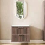 Hangend donker eiken badkamermeubel 80 cm met ribbelfront, twee lades en solid surface blad met witte waskom