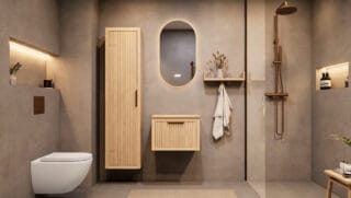 Hangend houten badkamermeubel 60 cm met één lade en naturel eiken blad met witte waskom