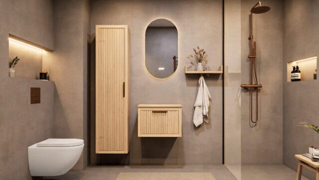 Hangend houten badkamermeubel 60 cm met één lade en naturel eiken blad met witte waskom