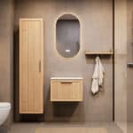 Hangend naturel eiken badkamermeubel 60 cm met één lade en solid surface blad met witte waskom