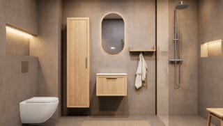 Hangend naturel eiken badkamermeubel 60 cm met één lade en solid surface blad met witte waskom