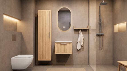 Hangend naturel eiken badkamermeubel 60 cm met één lade en solid surface blad met witte waskom