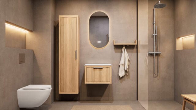 Hangend naturel eiken badkamermeubel 60 cm met één lade en solid surface blad met witte waskom