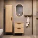 Hangend naturel eiken badkamermeubel 60 cm met twee lades en naturel eiken blad met witte waskom