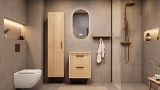 Hangend naturel eiken badkamermeubel 60 cm met twee lades en naturel eiken blad met witte waskom