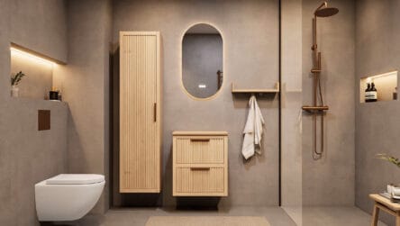 Hangend naturel eiken badkamermeubel 60 cm met twee lades en naturel eiken blad met witte waskom