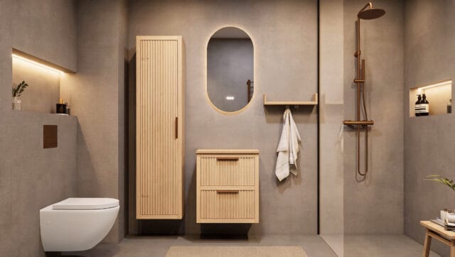 Hangend naturel eiken badkamermeubel 60 cm met twee lades en naturel eiken blad met witte waskom